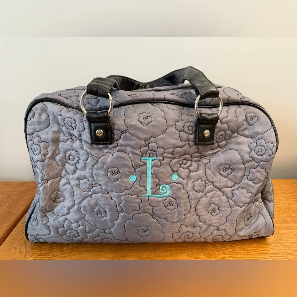 Thirty One City Weekender Bag Grey With Black Flowers Customized Teal L - Picture 10 of 13